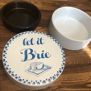 World Market Blue and White Brie bakeware “Let it Brie” graphic